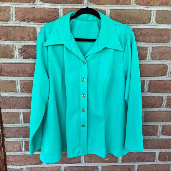 70s fashion Brady Bunch vibe wide collared top with gold buttons.  Pick stitch - Picture 1 of 7
